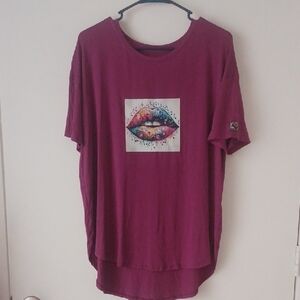 Magenta Graphic Relaxed Short Sleeve Tunic Musical Lips With Heart On Sleeve